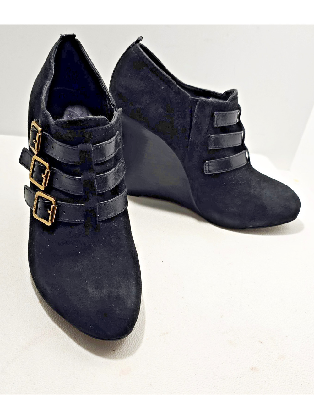 Tory Burch Womens Gabrielle Black Suede Wedge Ankle Boots Buckles 9 M